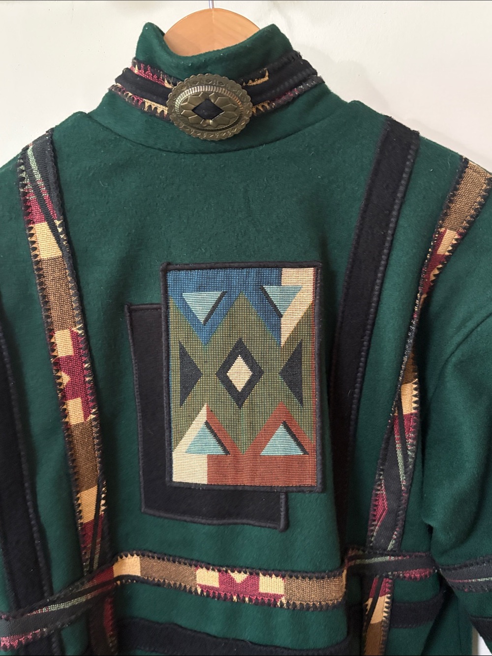 Coloratura Wool Green Patterned Jacket w Tribal Patch Pockets Small / Medium - Picture 6 of 6